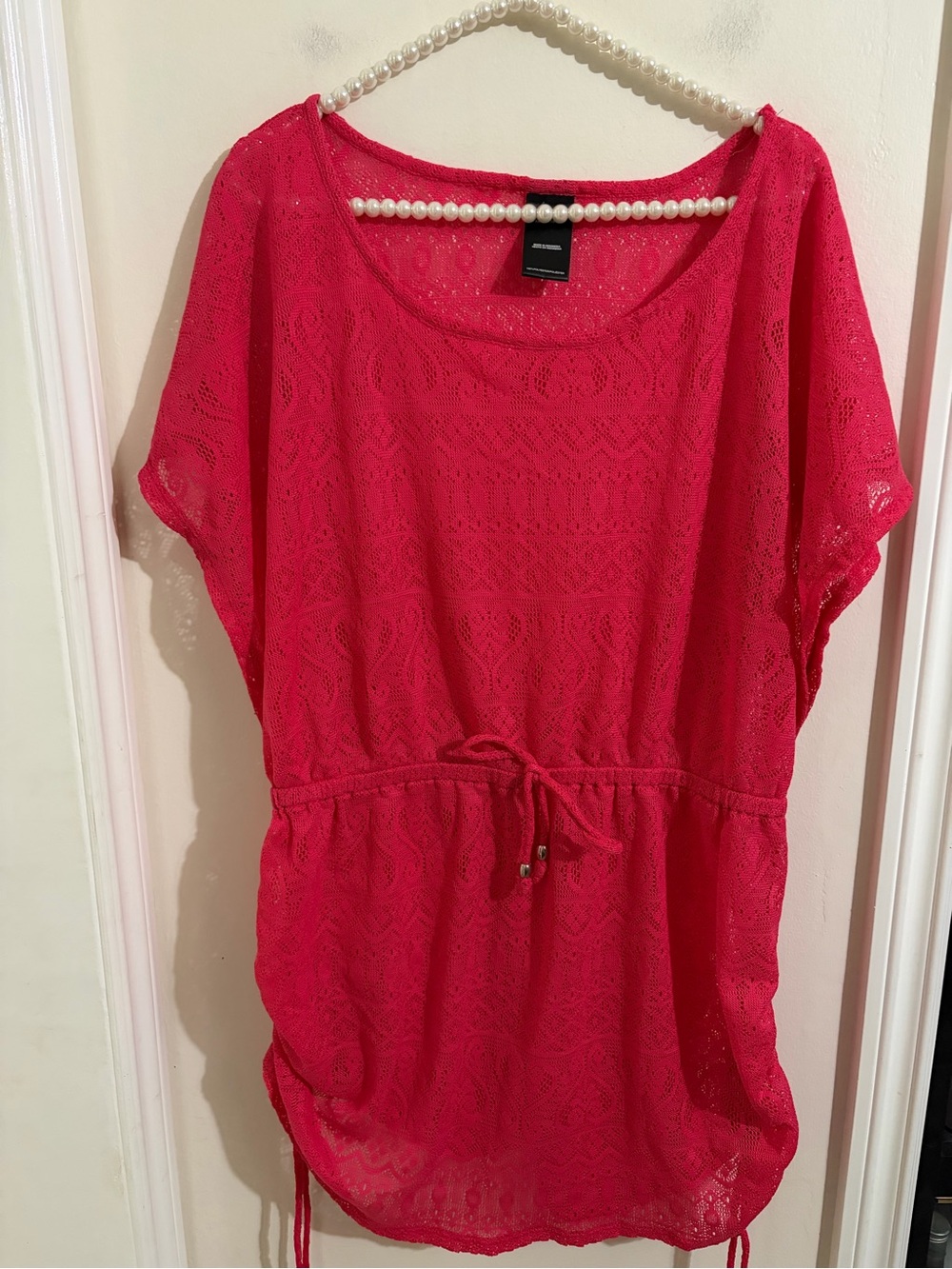 Catalina Lace Overlay Drawstring Swim Coverup - Hot Pink